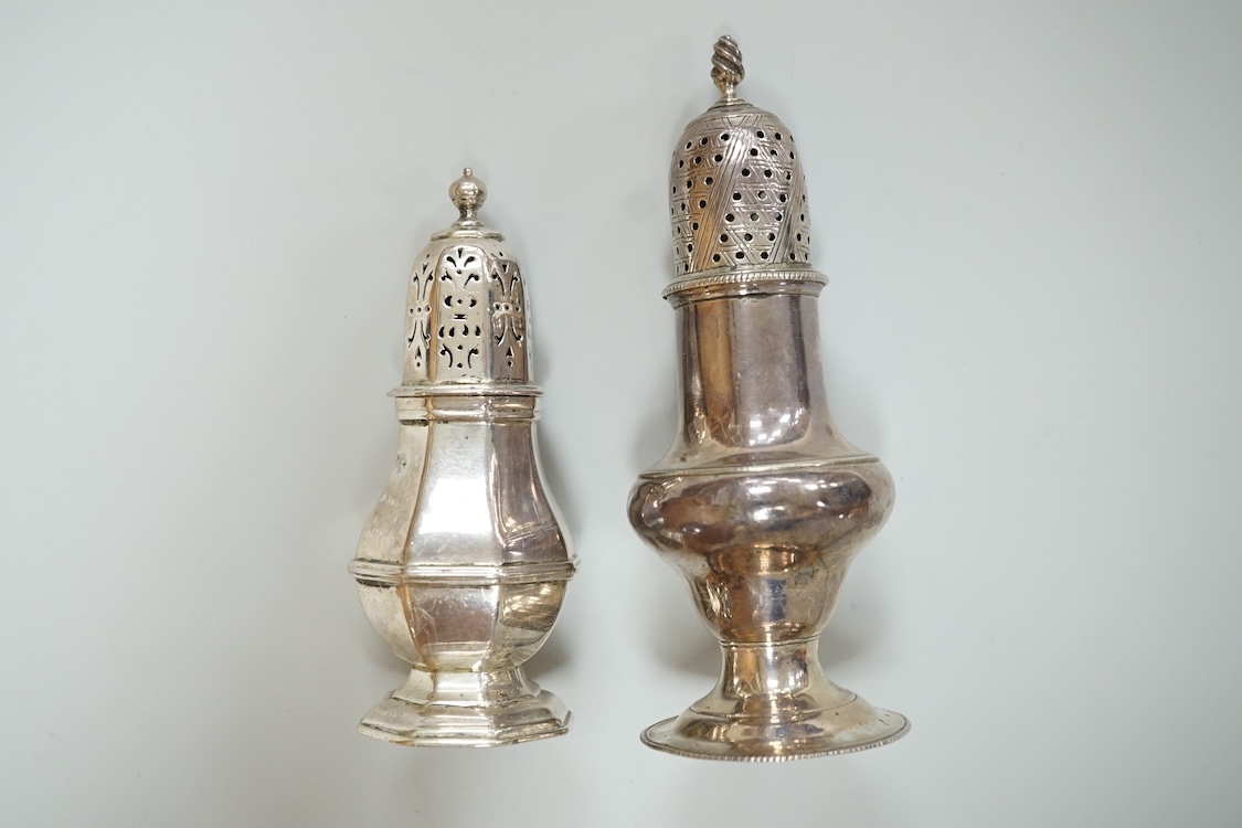 A George II silver pepperette, possibly by Joseph Sanders, London, 1739, 13cm, together with a George V silver pepperette.